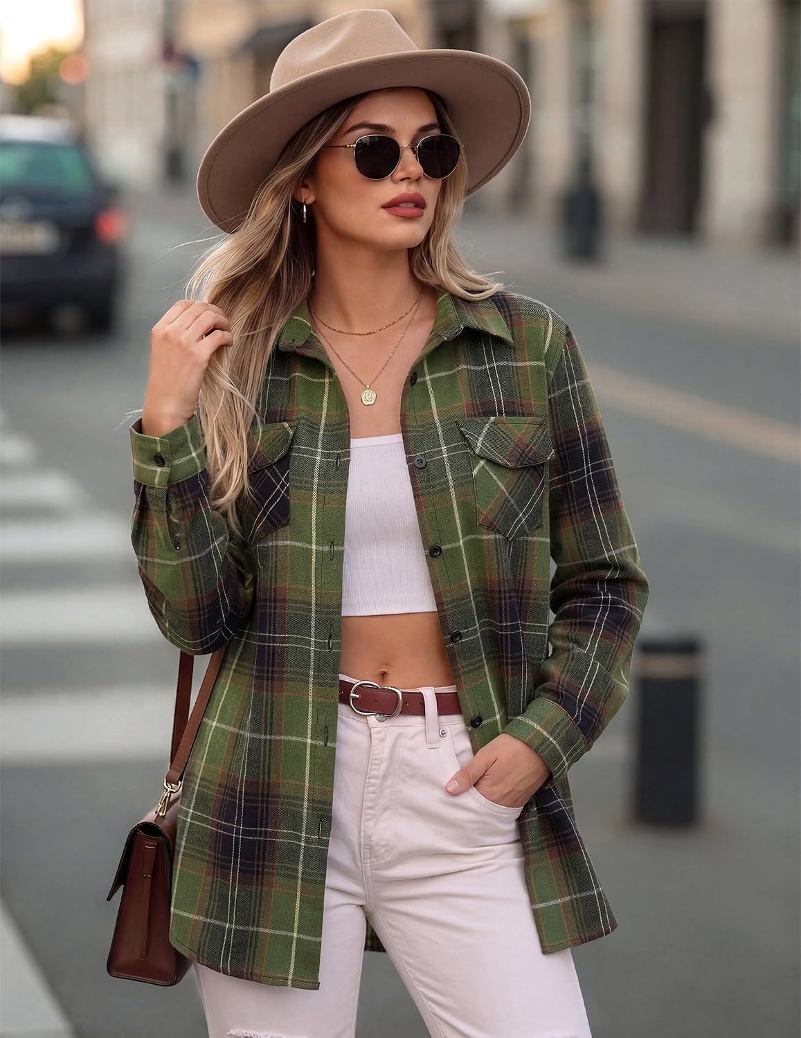 image:imageZeagoo Womens Plaid Flannel Shirt Long Sleeve Top Casual Button Down Blouse Flannel Plaid ShirtCotton FabricLoose Fit BlouseBusiness Casual Outfits2026 Fashion Fall Western Shacket JacketGreen Black
