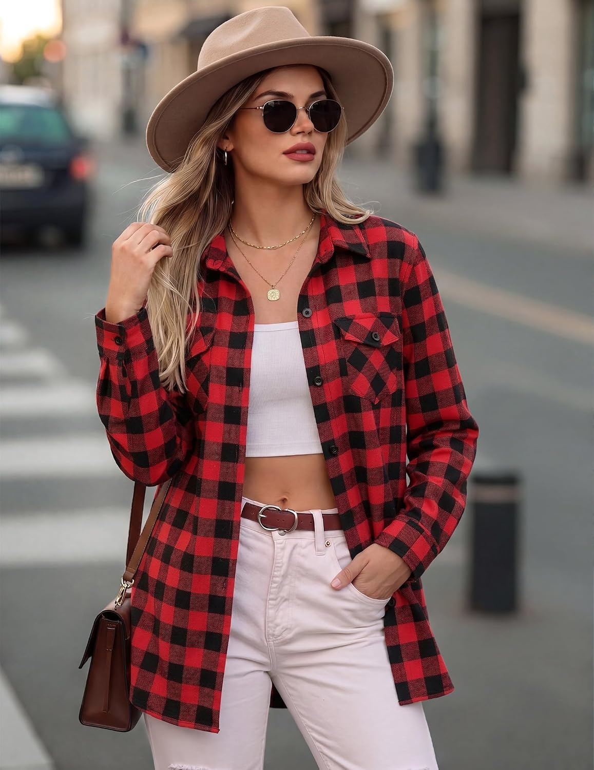 image:imageZeagoo Womens Plaid Flannel Shirt Long Sleeve Top Casual Button Down Blouse Flannel Plaid ShirtCotton FabricLoose Fit BlouseBusiness Casual Outfits2026 Fashion Fall Western Shacket Jacket1red