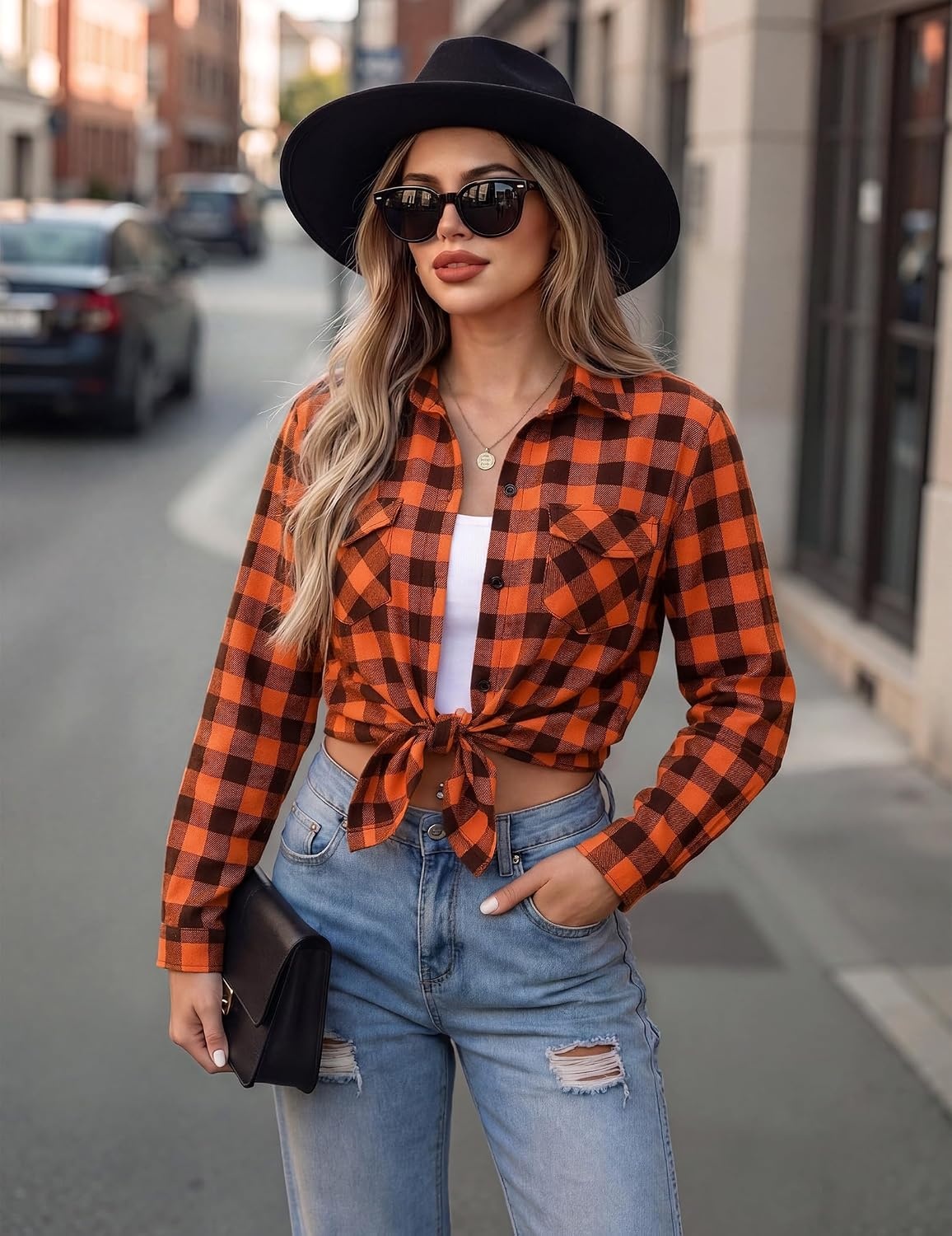 image:imageZeagoo Womens Plaid Flannel Shirt Long Sleeve Top Casual Button Down Blouse Flannel Plaid ShirtCotton FabricLoose Fit BlouseBusiness Casual Outfits2026 Fashion Fall Western Shacket JacketOrange Black