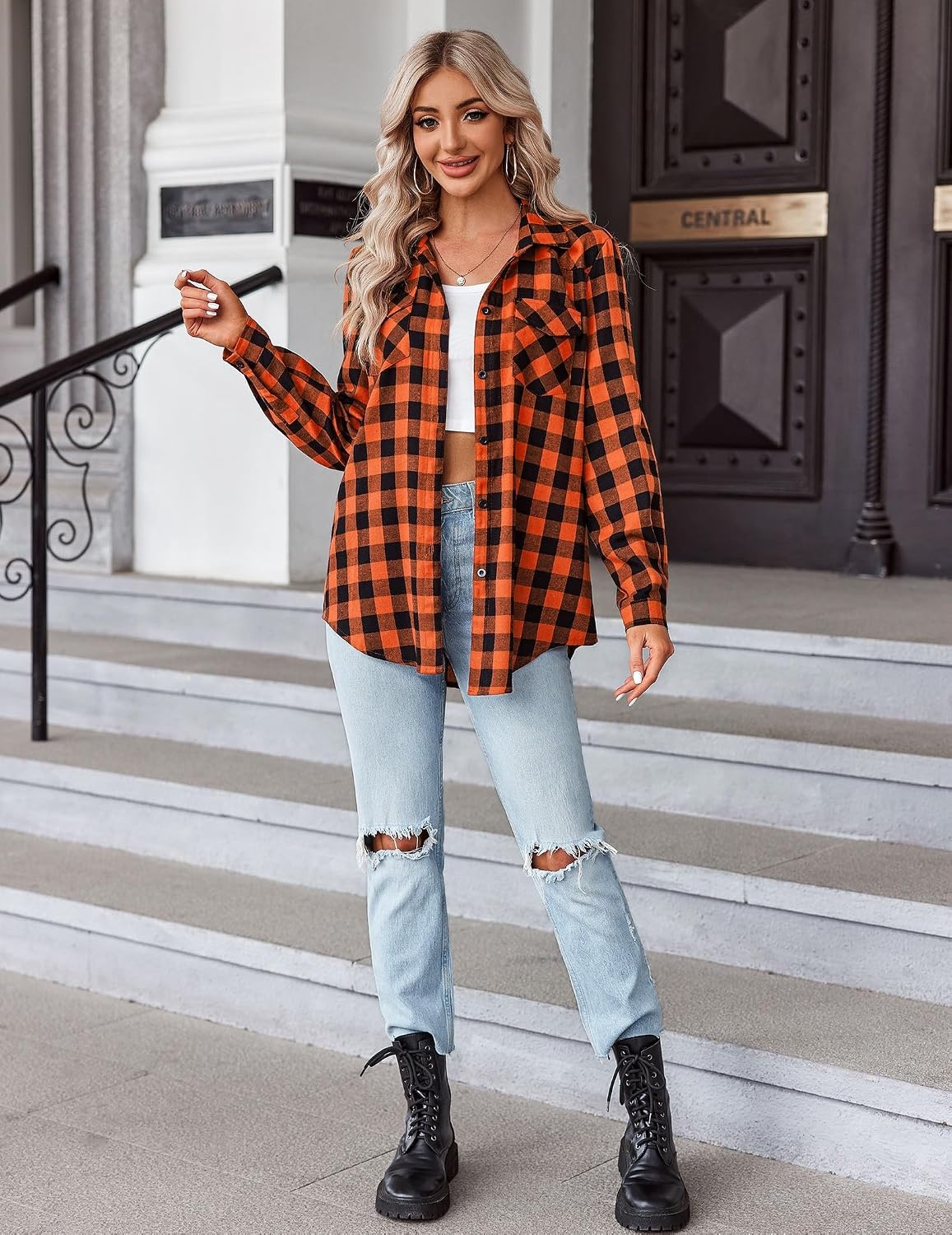 image:imageZeagoo Womens Plaid Flannel Shirt Long Sleeve Top Casual Button Down Blouse Flannel Plaid ShirtCotton FabricLoose Fit BlouseBusiness Casual Outfits2026 Fashion Fall Western Shacket JacketOrange Black