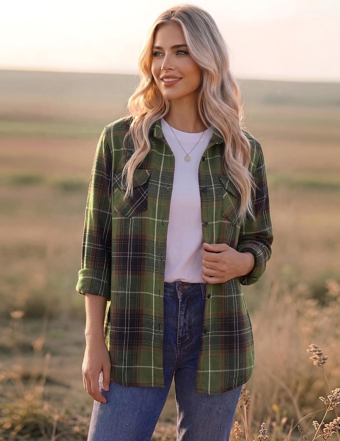image:imageZeagoo Womens Plaid Flannel Shirt Long Sleeve Top Casual Button Down Blouse Flannel Plaid ShirtCotton FabricLoose Fit BlouseBusiness Casual Outfits2026 Fashion Fall Western Shacket JacketGreen Black