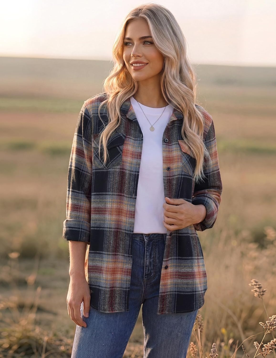 image:imageZeagoo Womens Plaid Flannel Shirt Long Sleeve Top Casual Button Down Blouse Flannel Plaid ShirtCotton FabricLoose Fit BlouseBusiness Casual Outfits2026 Fashion Fall Western Shacket JacketCaramel Black