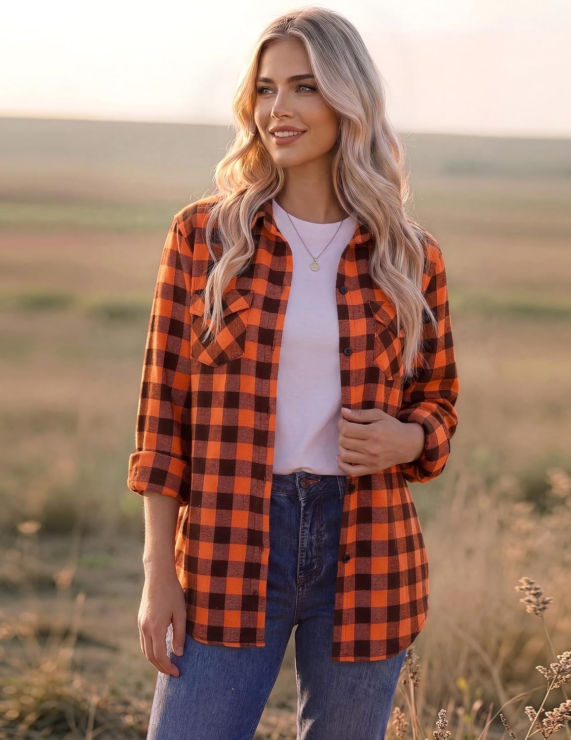 image:imageZeagoo Womens Plaid Flannel Shirt Long Sleeve Top Casual Button Down Blouse Flannel Plaid ShirtCotton FabricLoose Fit BlouseBusiness Casual Outfits2026 Fashion Fall Western Shacket JacketOrange Black