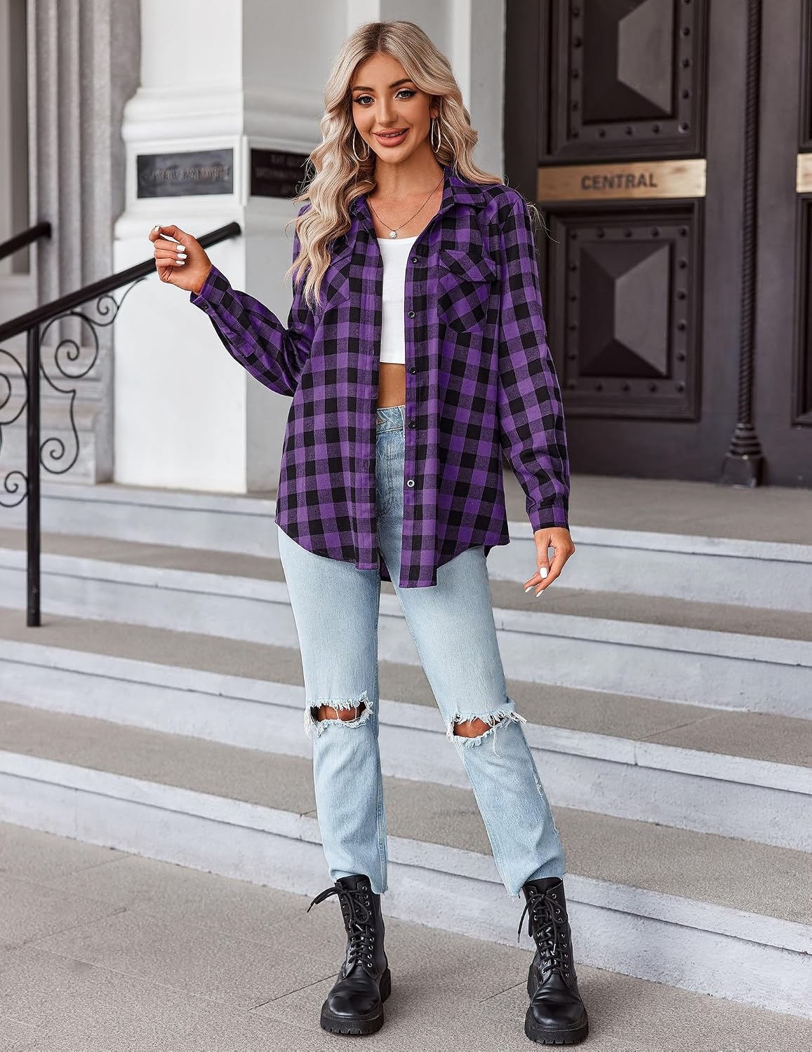 image:imageZeagoo Womens Plaid Flannel Shirt Long Sleeve Top Casual Button Down Blouse Flannel Plaid ShirtCotton FabricLoose Fit BlouseBusiness Casual Outfits2026 Fashion Fall Western Shacket JacketPurple Black