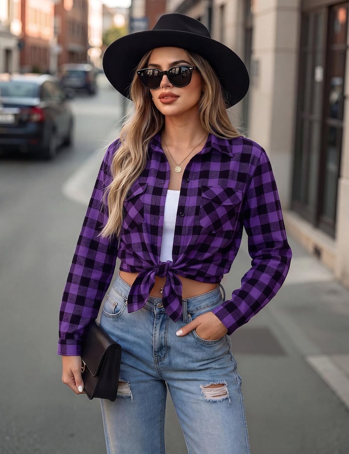 image:imageZeagoo Womens Plaid Flannel Shirt Long Sleeve Top Casual Button Down Blouse Flannel Plaid ShirtCotton FabricLoose Fit BlouseBusiness Casual Outfits2026 Fashion Fall Western Shacket JacketPurple Black