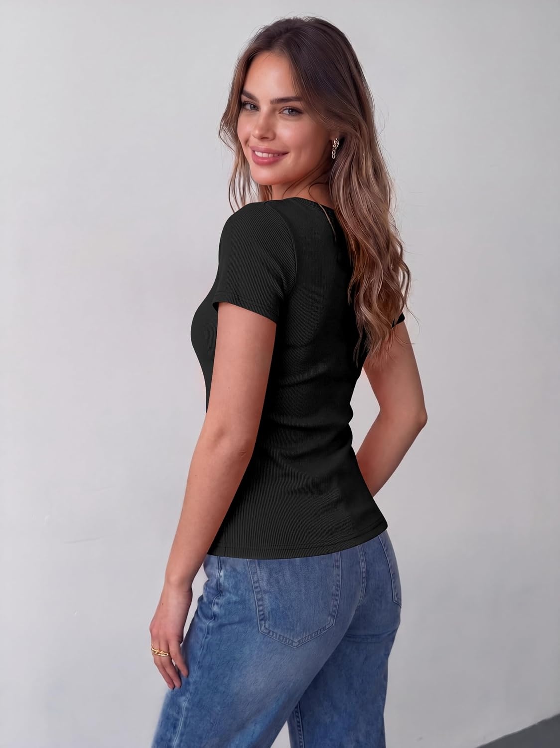 image:imageZeagoo Womens Tops Short Sleeve Rib Knit Basic Tee Scoop Neck Fitted Shirt Work casual clothes ribbed summer fall layering1black
