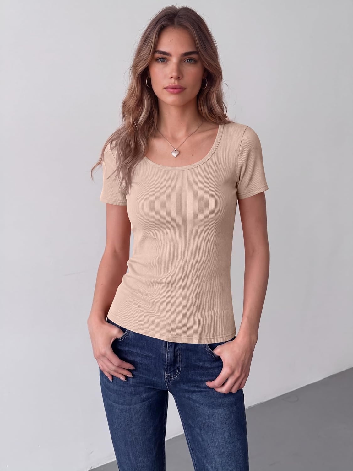 image:imageZeagoo Womens Tops Short Sleeve Rib Knit Basic Tee Scoop Neck Fitted Shirt Work casual clothes ribbed summer fall layeringApricot