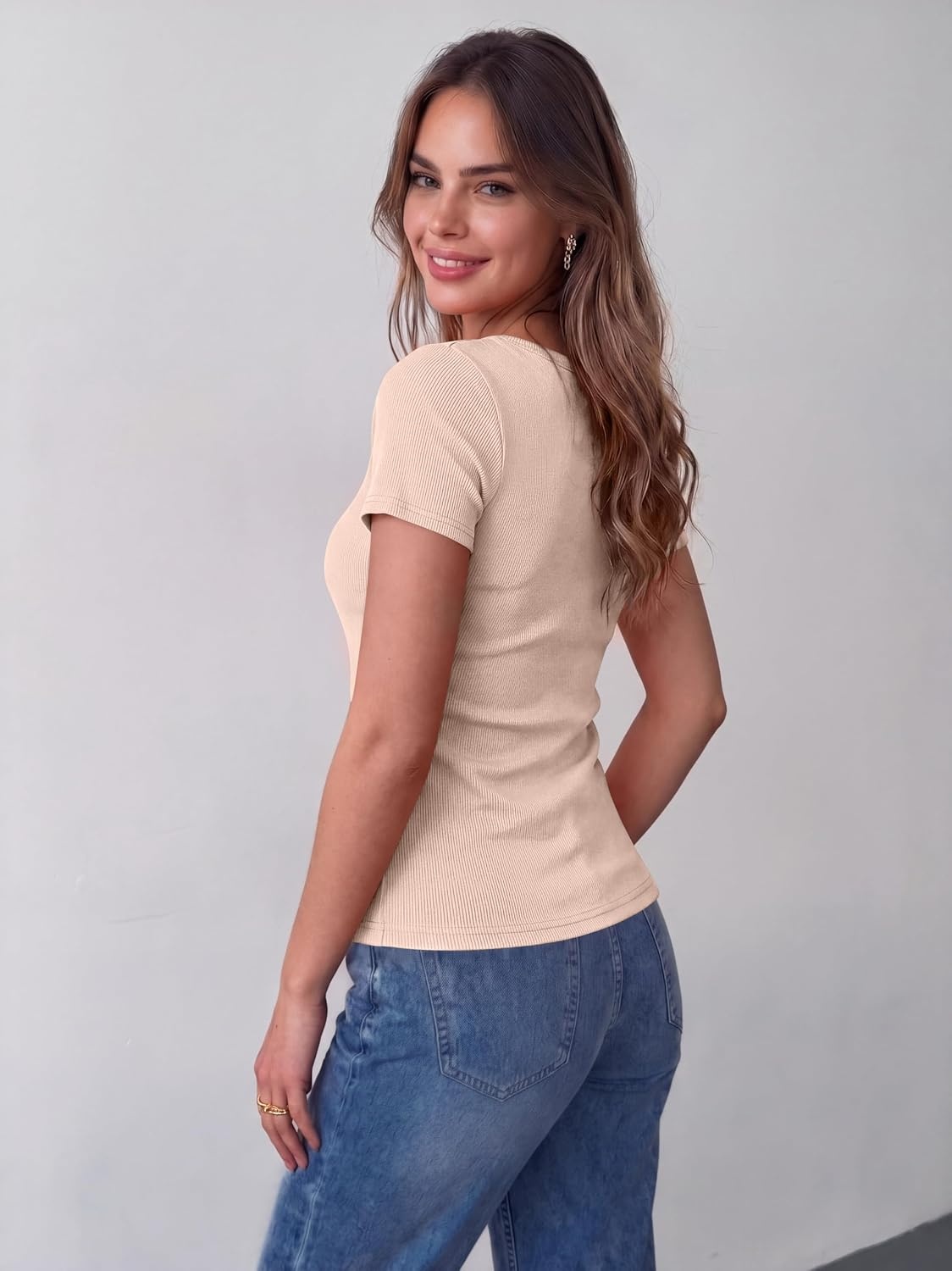 image:imageZeagoo Womens Tops Short Sleeve Rib Knit Basic Tee Scoop Neck Fitted Shirt Work casual clothes ribbed summer fall layeringApricot