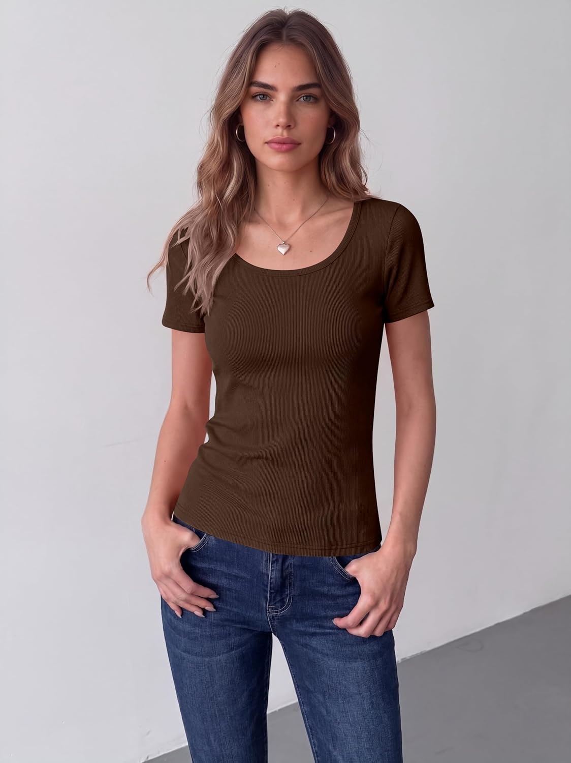 image:imageZeagoo Womens Tops Short Sleeve Rib Knit Basic Tee Scoop Neck Fitted Shirt Work casual clothes ribbed summer fall layeringBrown