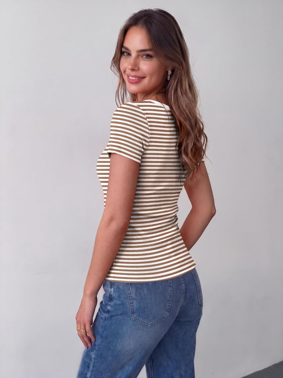 image:imageZeagoo Womens Tops Short Sleeve Rib Knit Basic Tee Scoop Neck Fitted Shirt Work casual clothes ribbed summer fall layeringBrown White Stripes