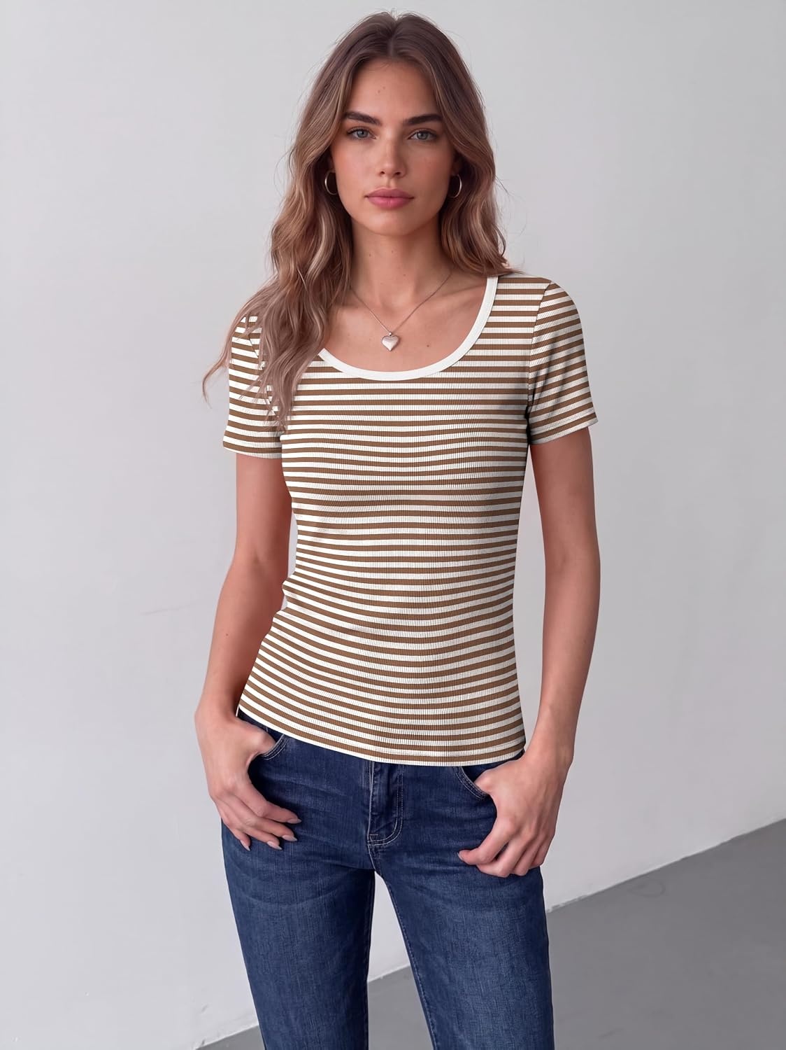 image:imageZeagoo Womens Tops Short Sleeve Rib Knit Basic Tee Scoop Neck Fitted Shirt Work casual clothes ribbed summer fall layeringBrown White Stripes