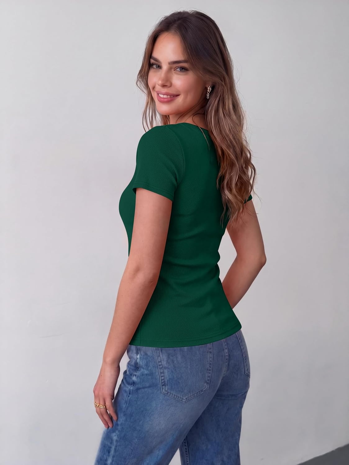 image:imageZeagoo Womens Tops Short Sleeve Rib Knit Basic Tee Scoop Neck Fitted Shirt Work casual clothes ribbed summer fall layeringDark Green