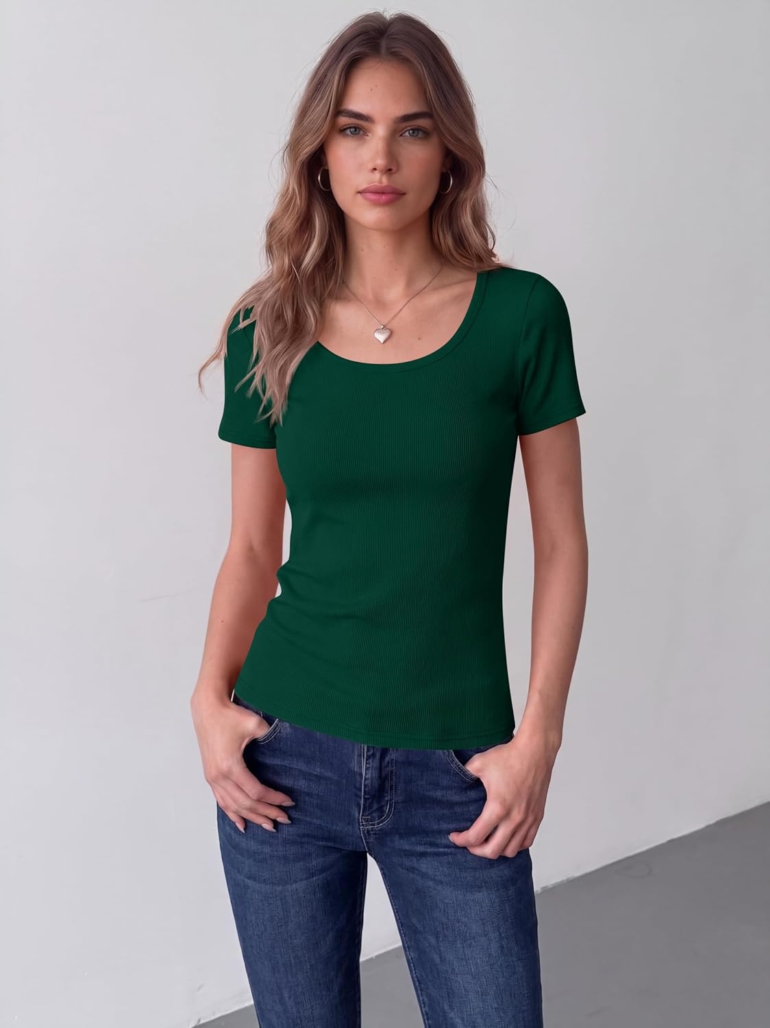 image:imageZeagoo Womens Tops Short Sleeve Rib Knit Basic Tee Scoop Neck Fitted Shirt Work casual clothes ribbed summer fall layeringDark Green