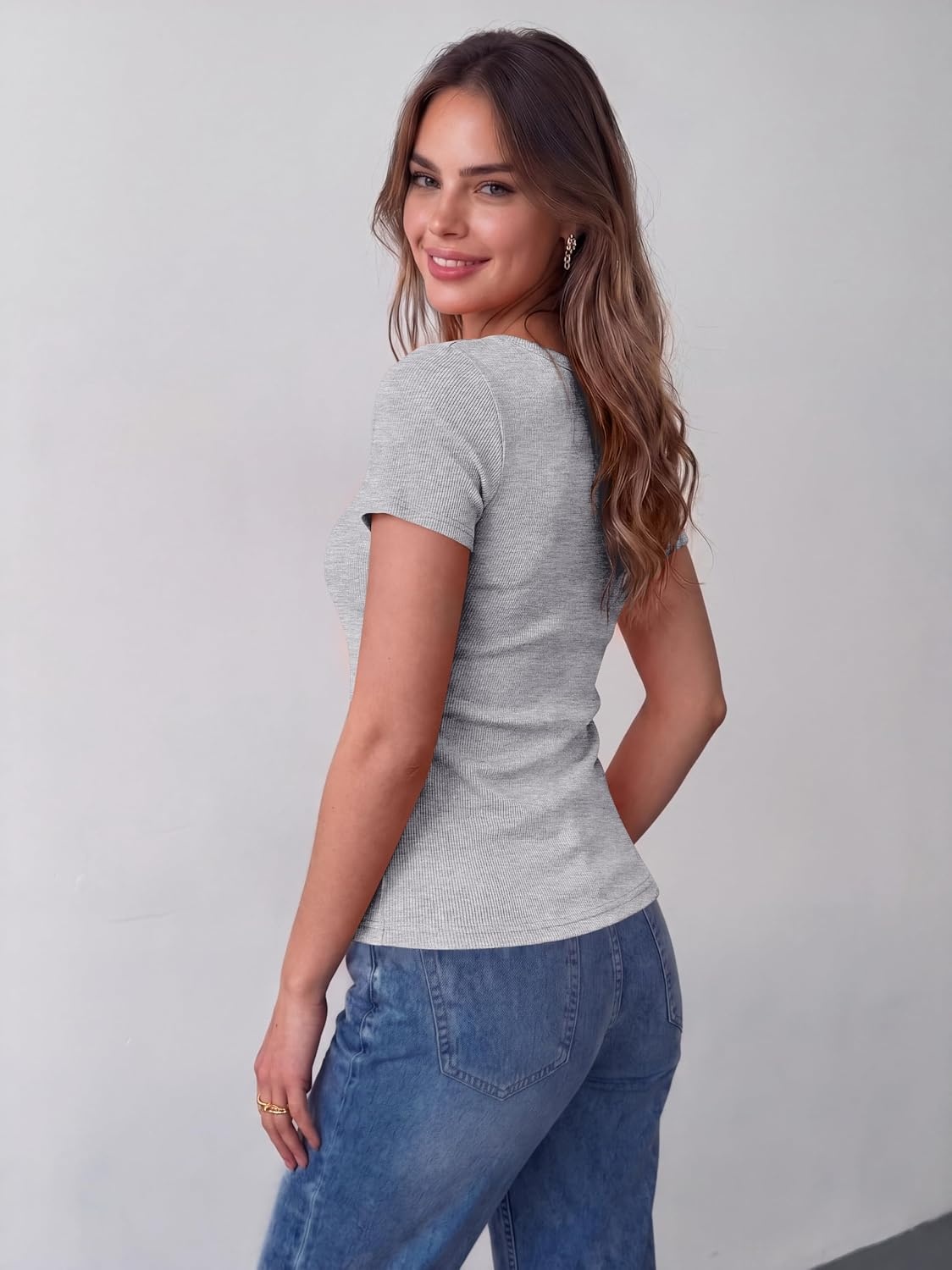 image:imageZeagoo Womens Tops Short Sleeve Rib Knit Basic Tee Scoop Neck Fitted Shirt Work casual clothes ribbed summer fall layeringLight Grey