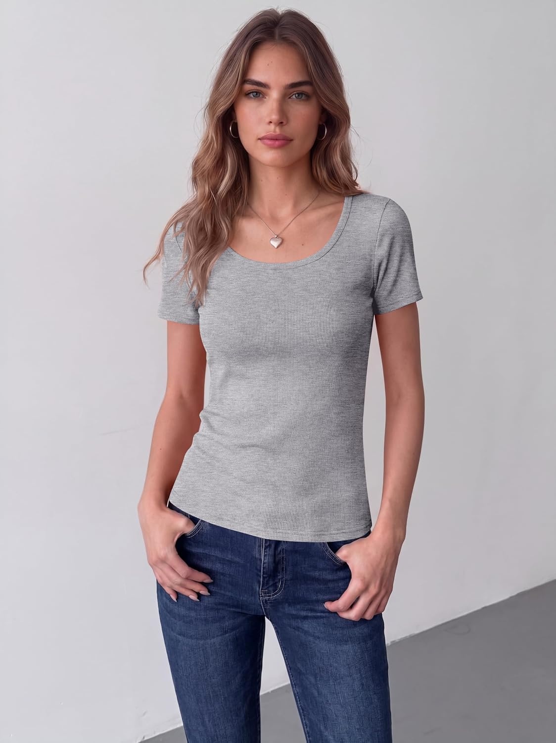 image:imageZeagoo Womens Tops Short Sleeve Rib Knit Basic Tee Scoop Neck Fitted Shirt Work casual clothes ribbed summer fall layeringLight Grey