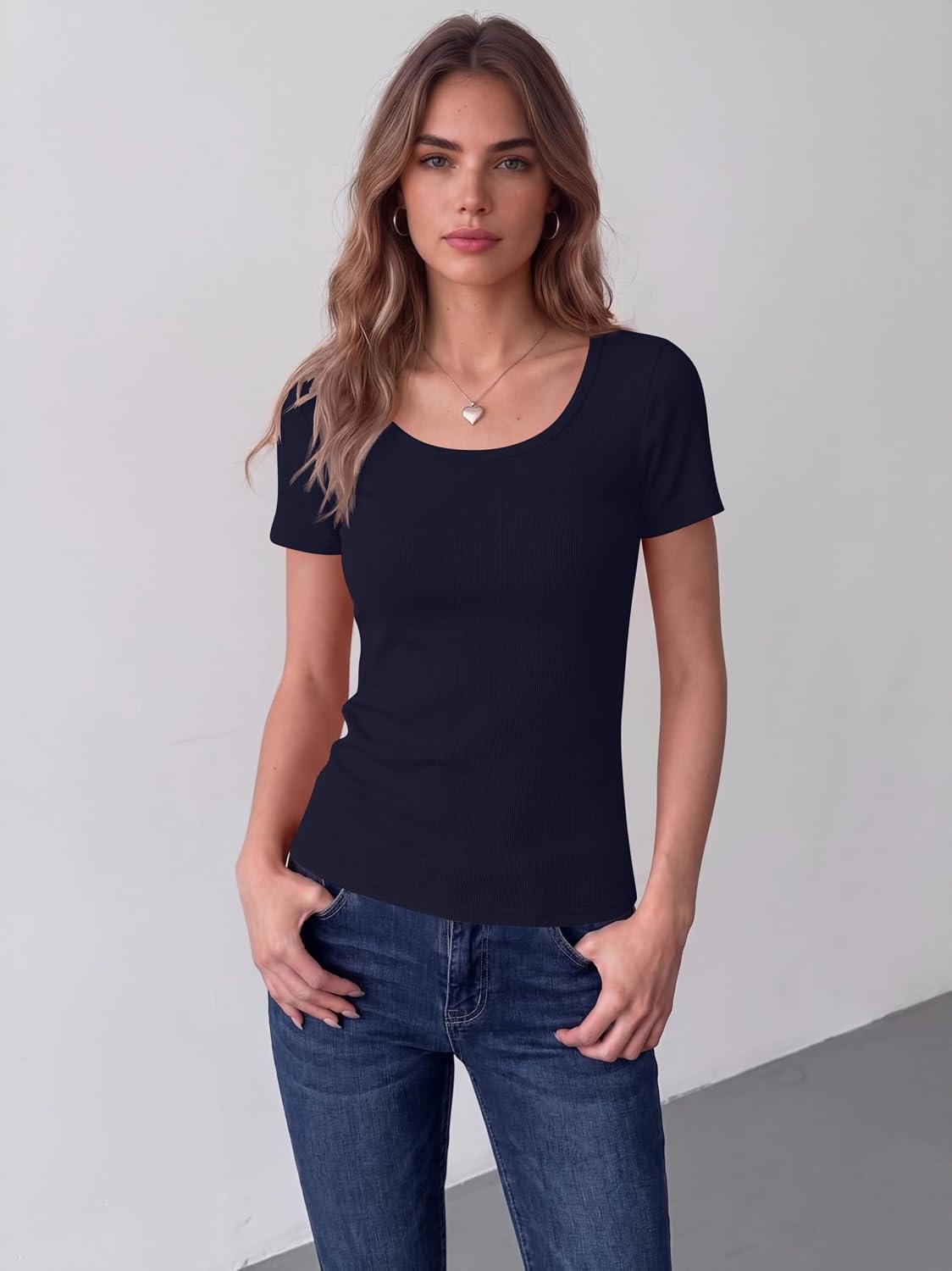 image:imageZeagoo Womens Tops Short Sleeve Rib Knit Basic Tee Scoop Neck Fitted Shirt Work casual clothes ribbed summer fall layeringNavy Blue