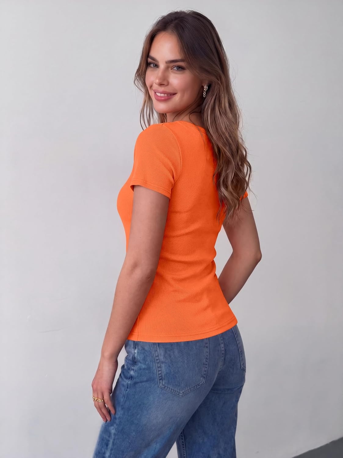image:imageZeagoo Womens Tops Short Sleeve Rib Knit Basic Tee Scoop Neck Fitted Shirt Work casual clothes ribbed summer fall layeringOrange