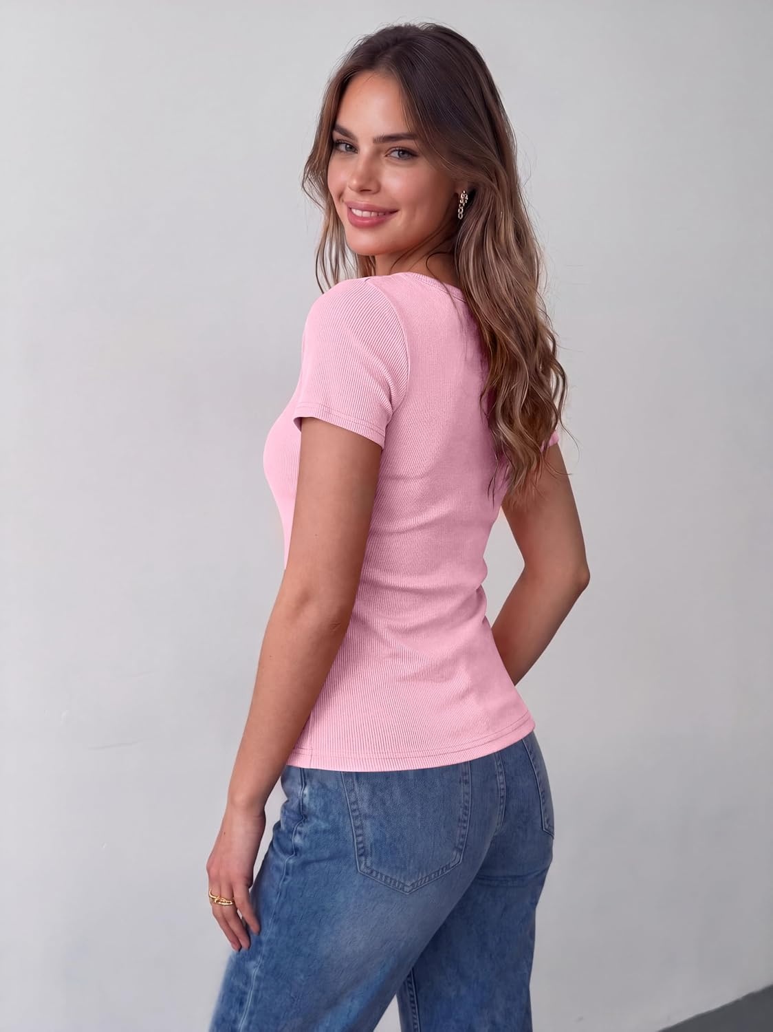 image:imageZeagoo Womens Tops Short Sleeve Rib Knit Basic Tee Scoop Neck Fitted Shirt Work casual clothes ribbed summer fall layeringPink