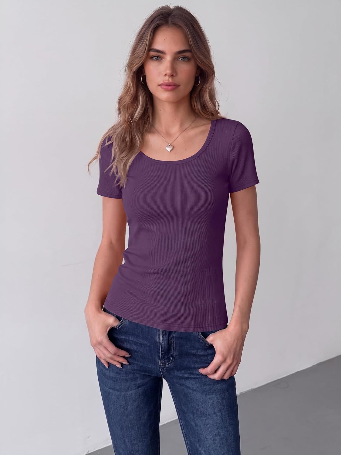 image:imageZeagoo Womens Tops Short Sleeve Rib Knit Basic Tee Scoop Neck Fitted Shirt Work casual clothes ribbed summer fall layeringPurple
