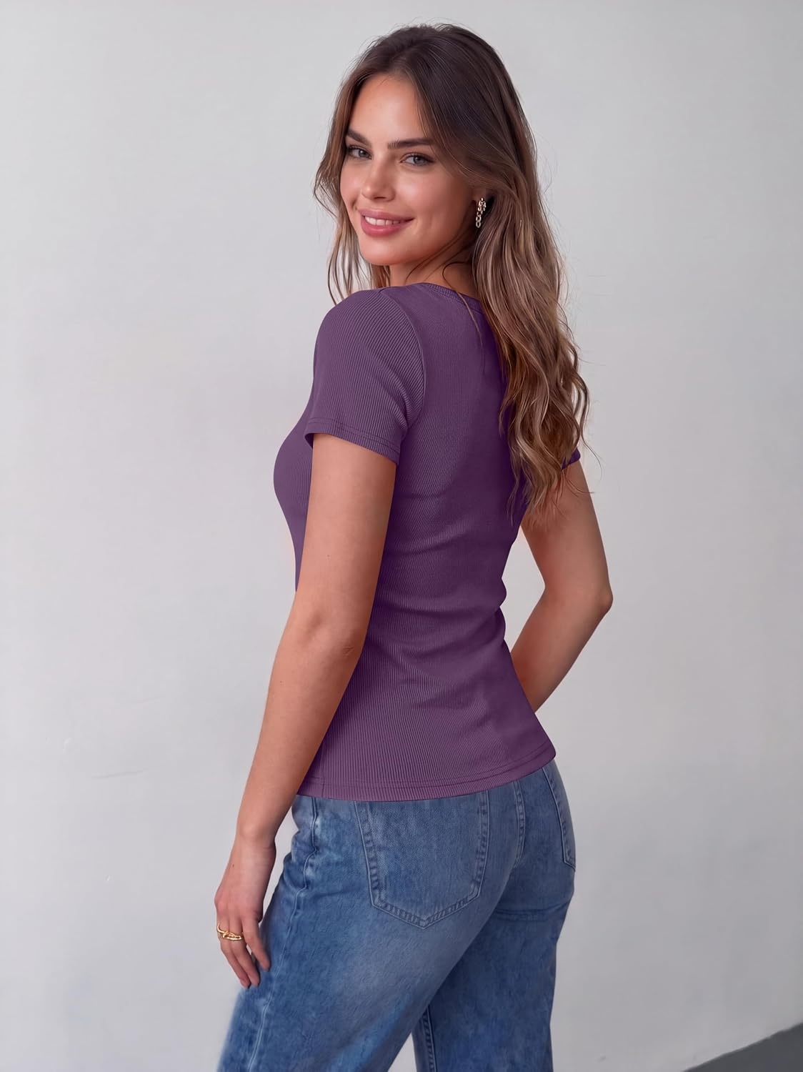 image:imageZeagoo Womens Tops Short Sleeve Rib Knit Basic Tee Scoop Neck Fitted Shirt Work casual clothes ribbed summer fall layeringPurple