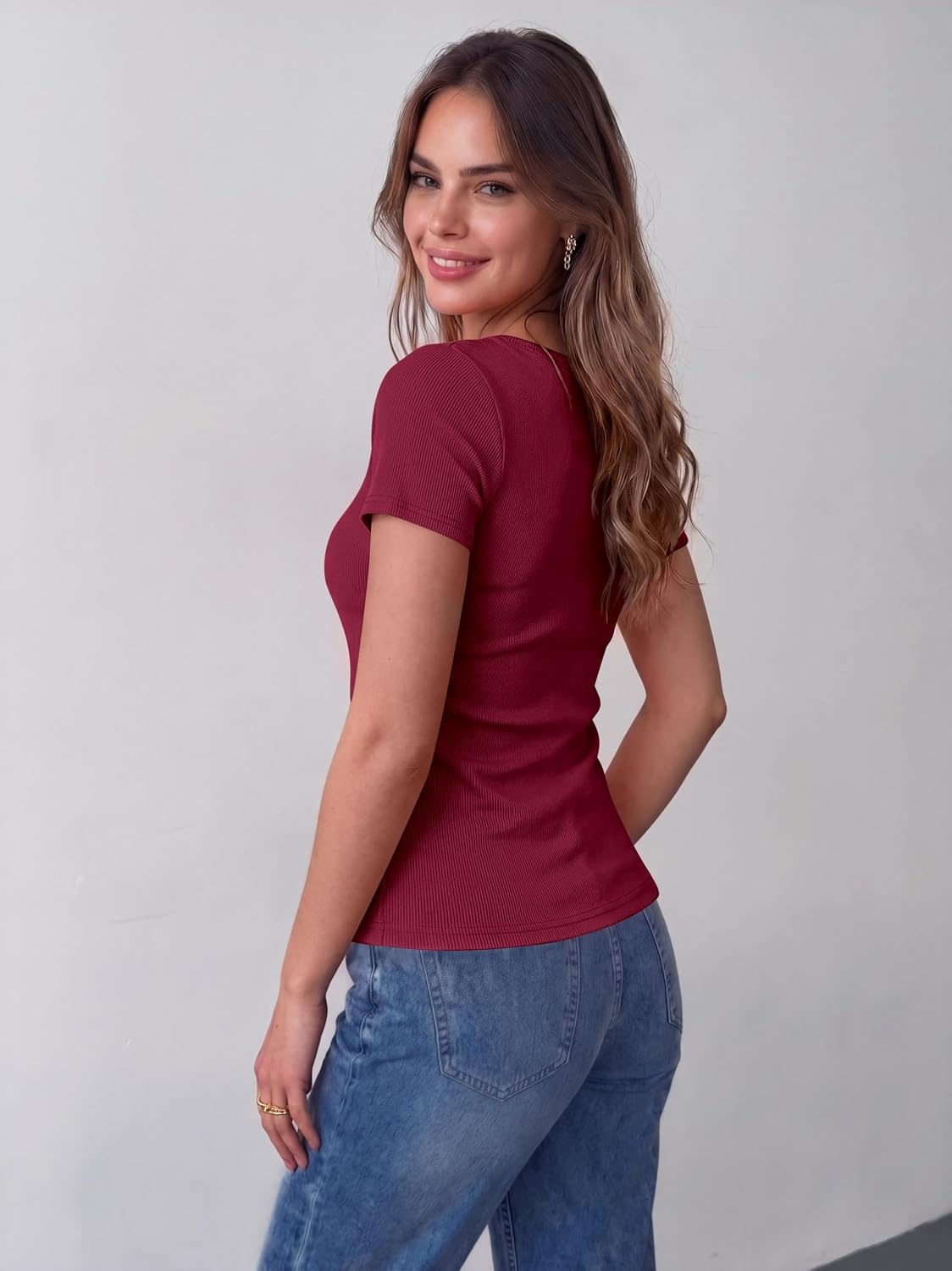 image:imageZeagoo Womens Tops Short Sleeve Rib Knit Basic Tee Scoop Neck Fitted Shirt Work casual clothes ribbed summer fall layeringWine Red