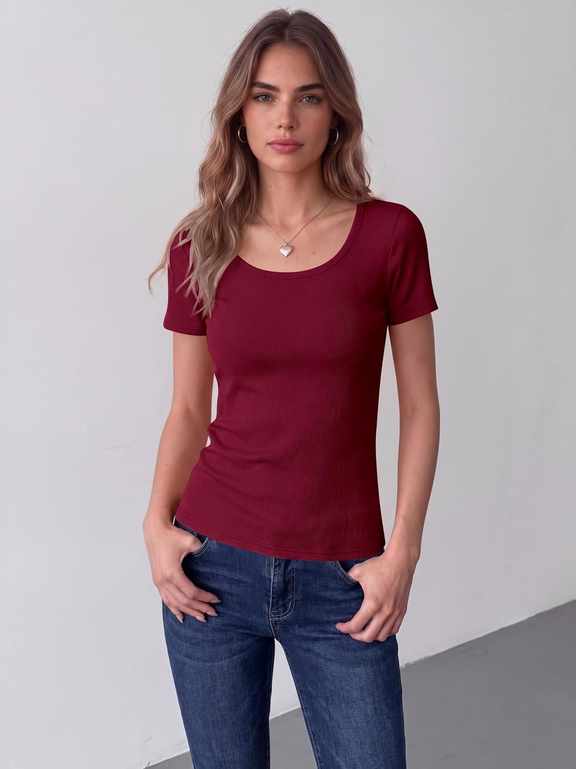 image:imageZeagoo Womens Tops Short Sleeve Rib Knit Basic Tee Scoop Neck Fitted Shirt Work casual clothes ribbed summer fall layeringWine Red
