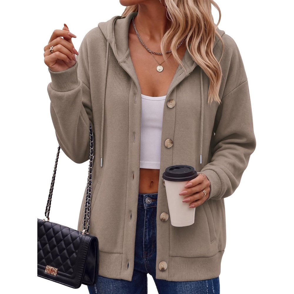 image:imageZeagoo Hoodie for Women Hooded Sweatshirt Button Hoodies With Pockets Comfy Fleece Jackets 2026 Fashion S3XLTea Ash