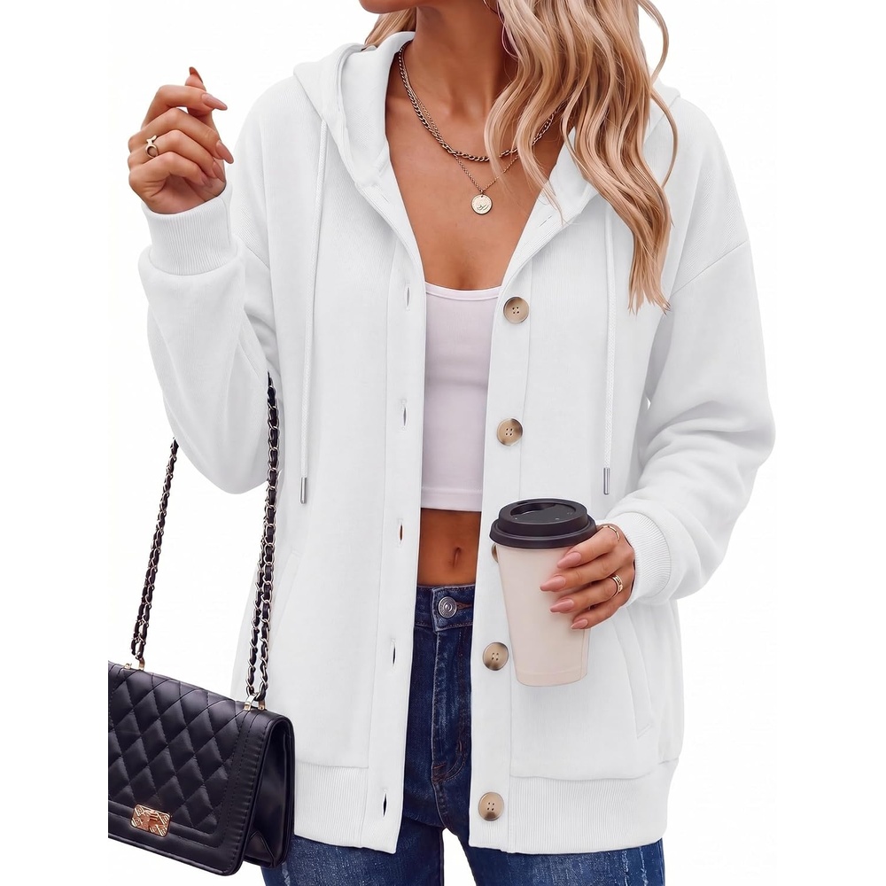 image:imageZeagoo Hoodie for Women Hooded Sweatshirt Button Hoodies With Pockets Comfy Fleece Jackets 2026 Fashion S3XLWhite