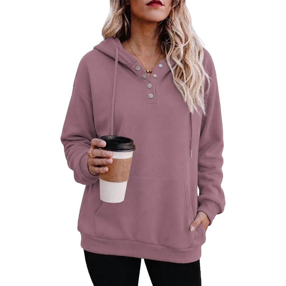 image:imageZeagoo Hoodies for Women Casual Button Collar Drawstring Long Sleeve Hooded Sweatshirt Pullover Tops for Fall Winter 2026Gray Pink