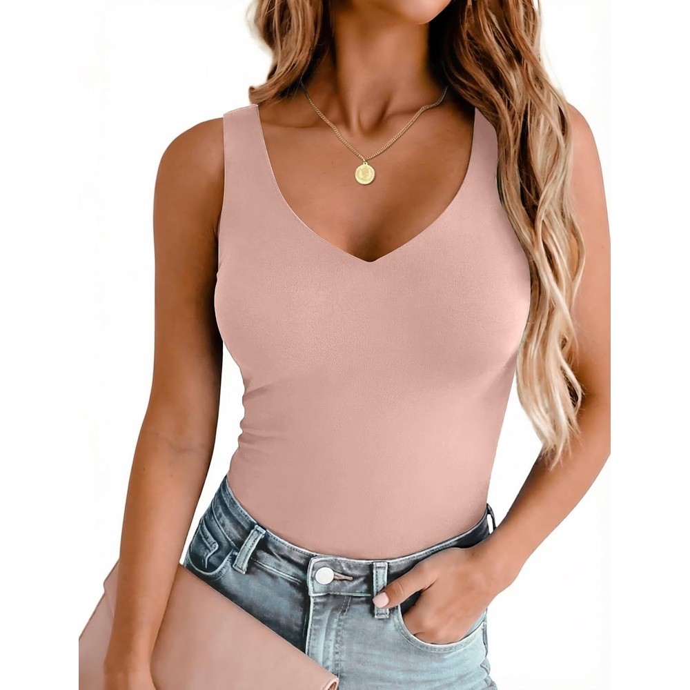 image:imageZeagoo Womens Double Lined V Neck Tank Tops Summer Slim Fit Outfits Casual Basic Layering Tank Tops Sleeveless Tops For Women Cute Going Out Tops Womens Summer Tops Women Fall ClothesMauve Pink