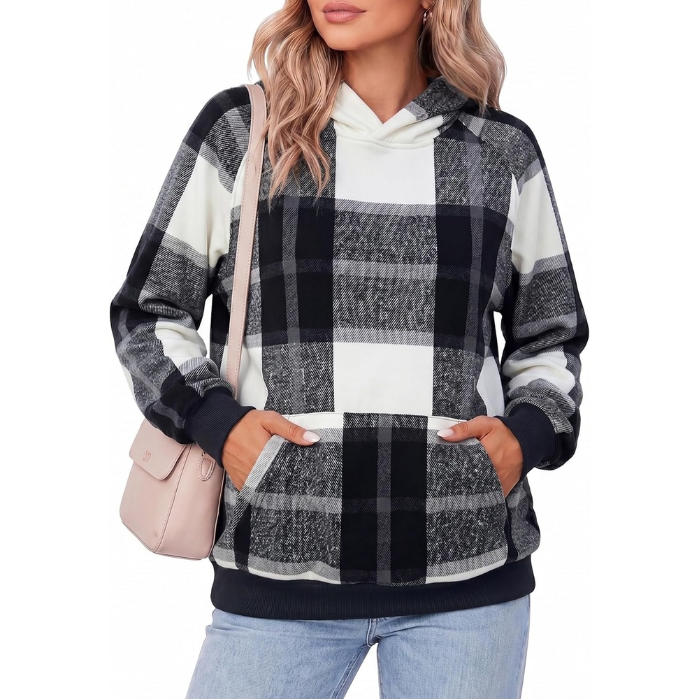 image:imageZeagoo Womens Oversized Hoodies Pullover Fleece Hooded Sweatshirt Trendy Comfort Hoodie Womens Fall Clothes Kangaroo Pocket Raglan Sleeves Long Sleeve Solid Color Casual Winter MidweightBlack White Plaid
