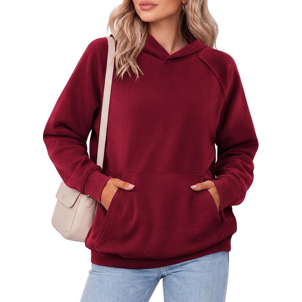 image:imageZeagoo Womens Oversized Hoodies Pullover Fleece Hooded Sweatshirt Trendy Comfort Hoodie Womens Fall Clothes Kangaroo Pocket Raglan Sleeves Long Sleeve Solid Color Casual Winter MidweightWine Red