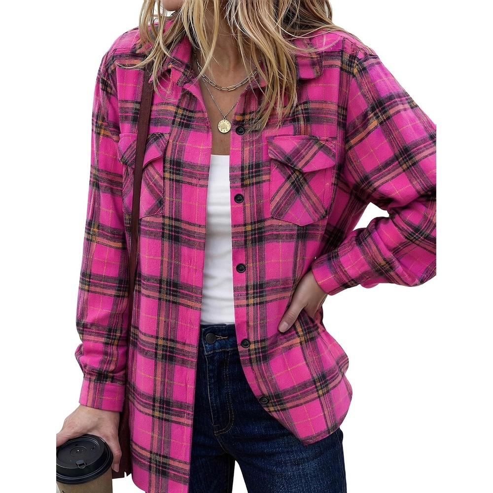 image:imageZeagoo Womens Plaid Flannel Shirt Long Sleeve Top Casual Button Down Blouse Flannel Plaid ShirtCotton FabricLoose Fit BlouseBusiness Casual Outfits2026 Fashion Fall Western Shacket JacketHot Pink