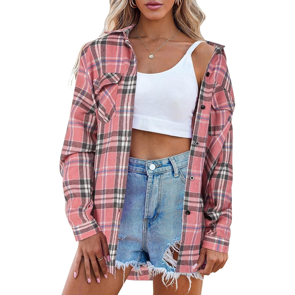 image:imageZeagoo Womens Plaid Flannel Shirt Long Sleeve Top Casual Button Down Blouse Flannel Plaid ShirtCotton FabricLoose Fit BlouseBusiness Casual Outfits2026 Fashion Fall Western Shacket JacketPink2