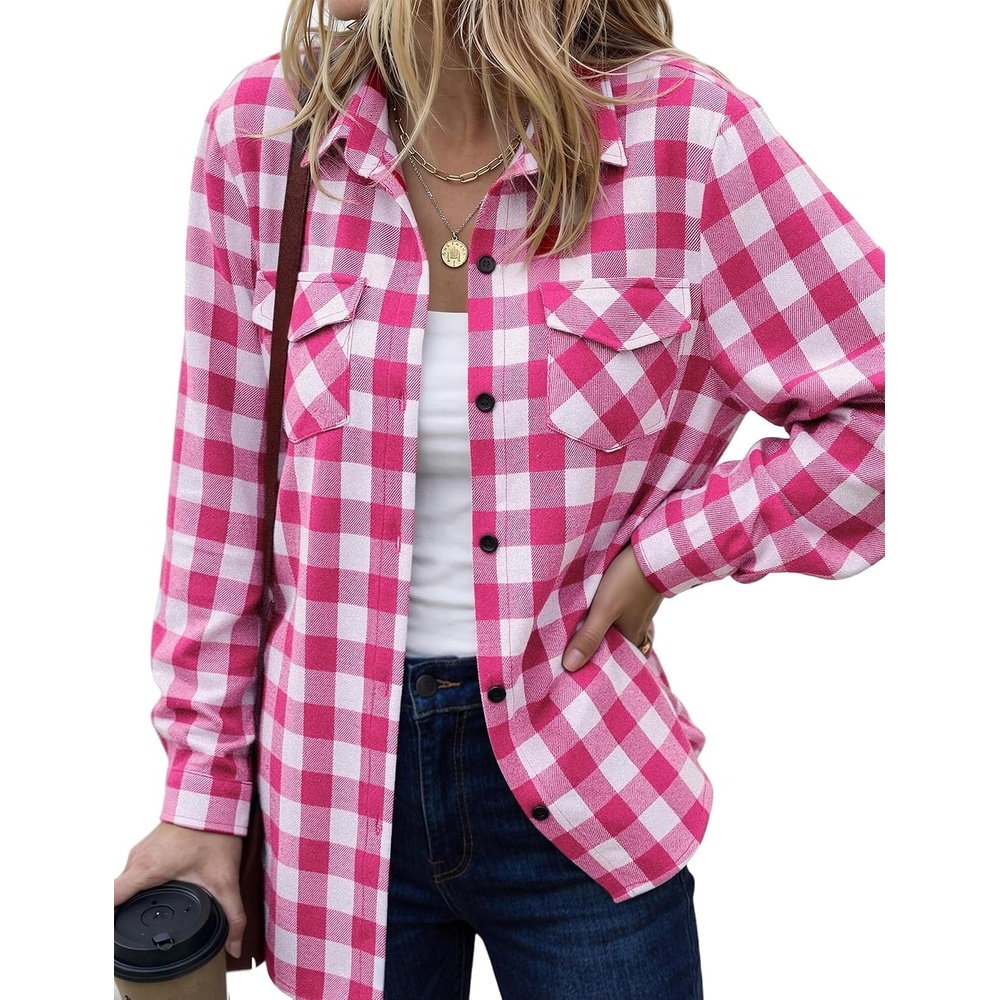 image:imageZeagoo Womens Plaid Flannel Shirt Long Sleeve Top Casual Button Down Blouse Flannel Plaid ShirtCotton FabricLoose Fit BlouseBusiness Casual Outfits2026 Fashion Fall Western Shacket Jacket1rose