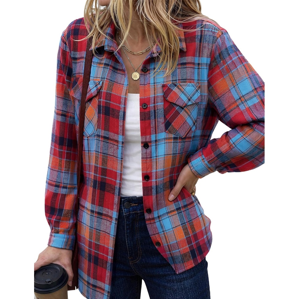 image:imageZeagoo Womens Plaid Flannel Shirt Long Sleeve Top Casual Button Down Blouse Flannel Plaid ShirtCotton FabricLoose Fit BlouseBusiness Casual Outfits2026 Fashion Fall Western Shacket JacketRed Blue