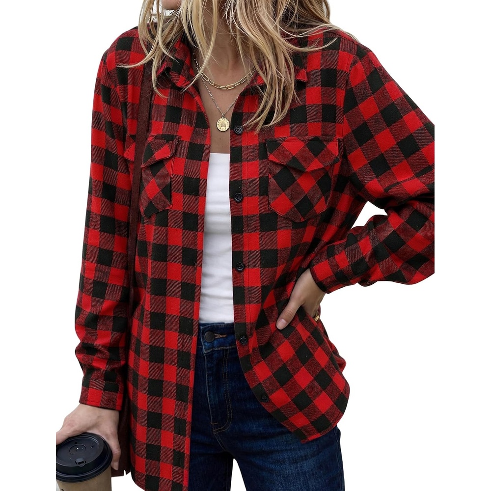 image:imageZeagoo Womens Plaid Flannel Shirt Long Sleeve Top Casual Button Down Blouse Flannel Plaid ShirtCotton FabricLoose Fit BlouseBusiness Casual Outfits2026 Fashion Fall Western Shacket Jacket1red