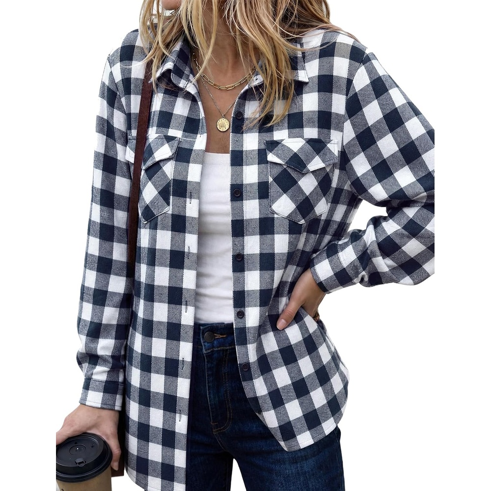 image:imageZeagoo Womens Plaid Flannel Shirt Long Sleeve Top Casual Button Down Blouse Flannel Plaid ShirtCotton FabricLoose Fit BlouseBusiness Casual Outfits2026 Fashion Fall Western Shacket JacketDark Blue