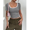 Zeagoo Womens Tops Short Sleeve Rib Knit Basic Tee Scoop Neck Fitted Shirt | Work casual clothes, ribbed summer fall layering(Black White Stripes)
