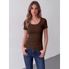 Zeagoo Womens Tops Short Sleeve Rib Knit Basic Tee Scoop Neck Fitted Shirt | Work casual clothes, ribbed summer fall layering(Brown)