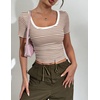 Zeagoo Womens Tops Short Sleeve Rib Knit Basic Tee Scoop Neck Fitted Shirt | Work casual clothes, ribbed summer fall layering(Brown White Stripes)