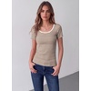Zeagoo Womens Tops Short Sleeve Rib Knit Basic Tee Scoop Neck Fitted Shirt | Work casual clothes, ribbed summer fall layering(Brown White Stripes)