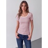 Zeagoo Womens Tops Short Sleeve Rib Knit Basic Tee Scoop Neck Fitted Shirt | Work casual clothes, ribbed summer fall layering(Pink White Stripes)