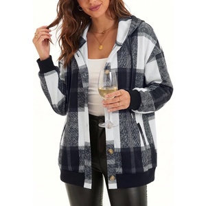 Zeagoo Hoodie for Women Hooded Sweatshirt Button Hoodies With Pockets Comfy Fleece Jackets 2026 Fashion S-3XL(Grey Black Plaid)