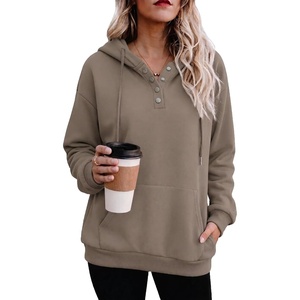 Zeagoo Hoodies for Women Casual Button Collar Drawstring Long Sleeve Hooded Sweatshirt Pullover Tops for Fall Winter 2026(Coffee Grey)