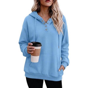 Zeagoo Hoodies for Women Casual Button Collar Drawstring Long Sleeve Hooded Sweatshirt Pullover Tops for Fall Winter 2026(Light Blue)