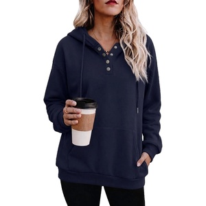 Zeagoo Hoodies for Women Casual Button Collar Drawstring Long Sleeve Hooded Sweatshirt Pullover Tops for Fall Winter 2026(Navy)