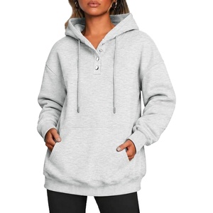 Zeagoo Hoodies for Women Casual Button Collar Drawstring Long Sleeve Hooded Sweatshirt Pullover Tops for Fall Winter 2026(White Grey)