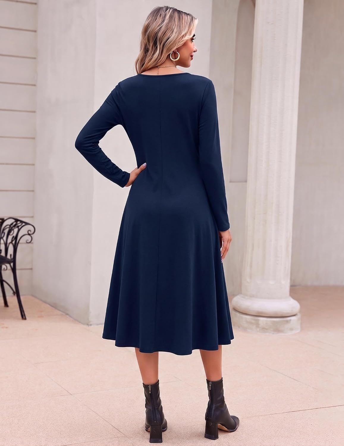 image:imageZeagoo Dresses for Womens Long Sleeve Midi Dress Fall Casual A Line Dress Fall Outfits 2026V Neck Flare Dress with PocketsWinter Long Dresses For WomenFloral PrintedBusiness CasualFlowy SwingBlue