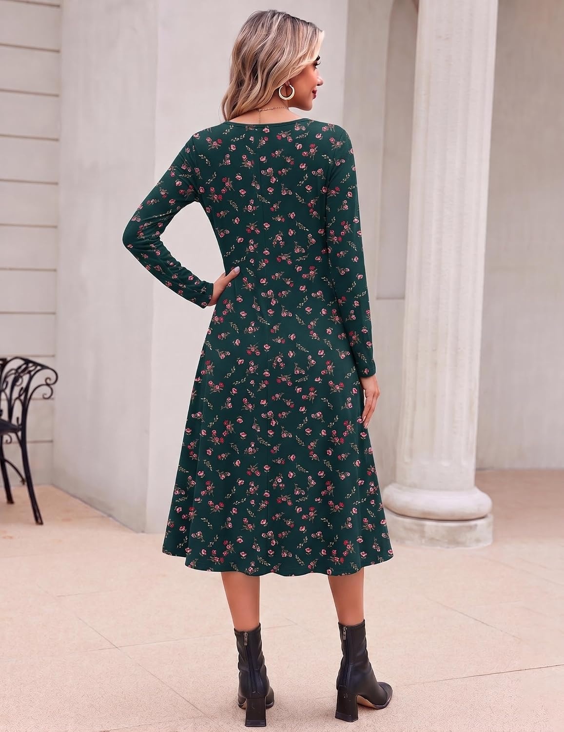 image:imageZeagoo Dresses for Womens Long Sleeve Midi Dress Fall Casual A Line Dress Fall Outfits 2026V Neck Flare Dress with PocketsWinter Long Dresses For WomenFloral PrintedBusiness CasualFlowy SwingGreen Floralprinted